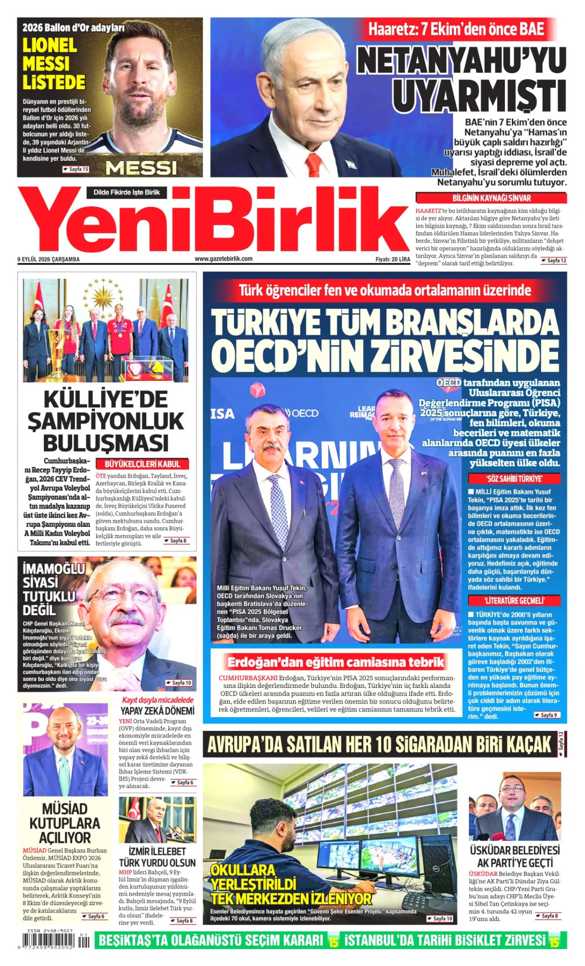 YeniBirlik birinci sayfa manşeti (09 Eylül 2026)